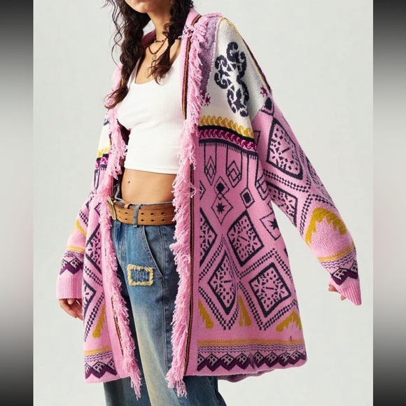 Luxe Boho Abstract Aztec Print Fringe Open Front Knit Sweater Cardigan Pink - Picture 1 of 6